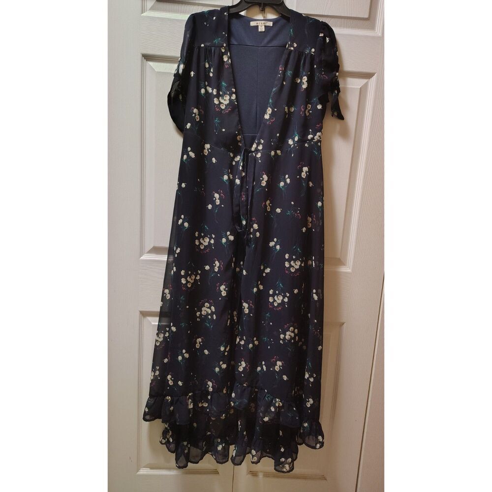 Miami Medium Navy Blue Floral Open Front Tie Short Sleeve Maxi Dress